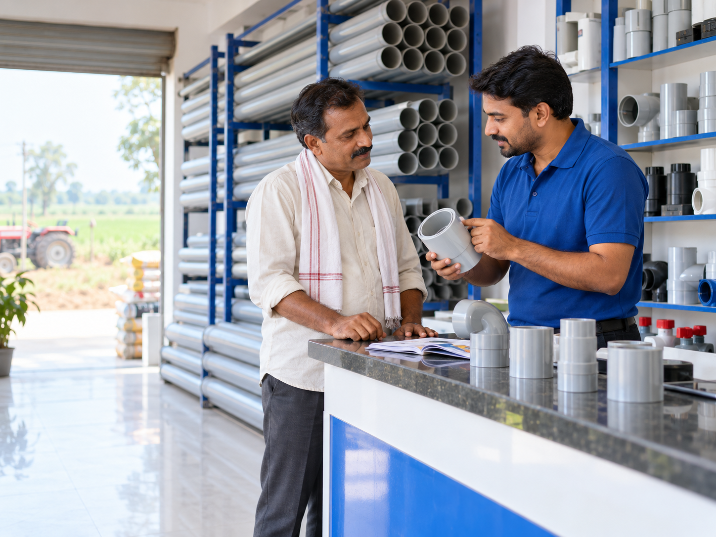 An authorised dealer in a blue shirt shows a farmer a PVC-U socket fitting at a counter in a pipe store