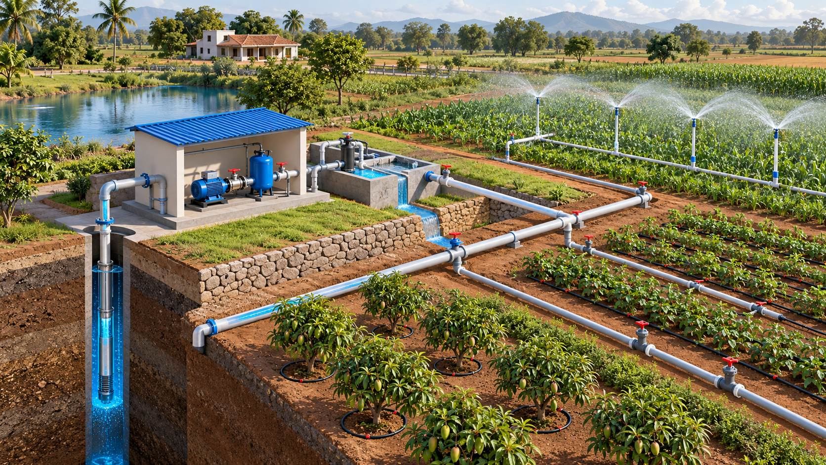 Cutaway illustration of a farm water system: a borewell feeds a pump house, a PVC-U mainline runs past mango trees, branches with valves feed drip lines and sprinklers over crops
