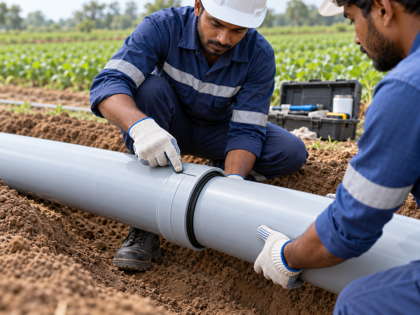 Two installers in work gloves push a grey PVC-U pipe into a rubber-ring socket in a field trench
