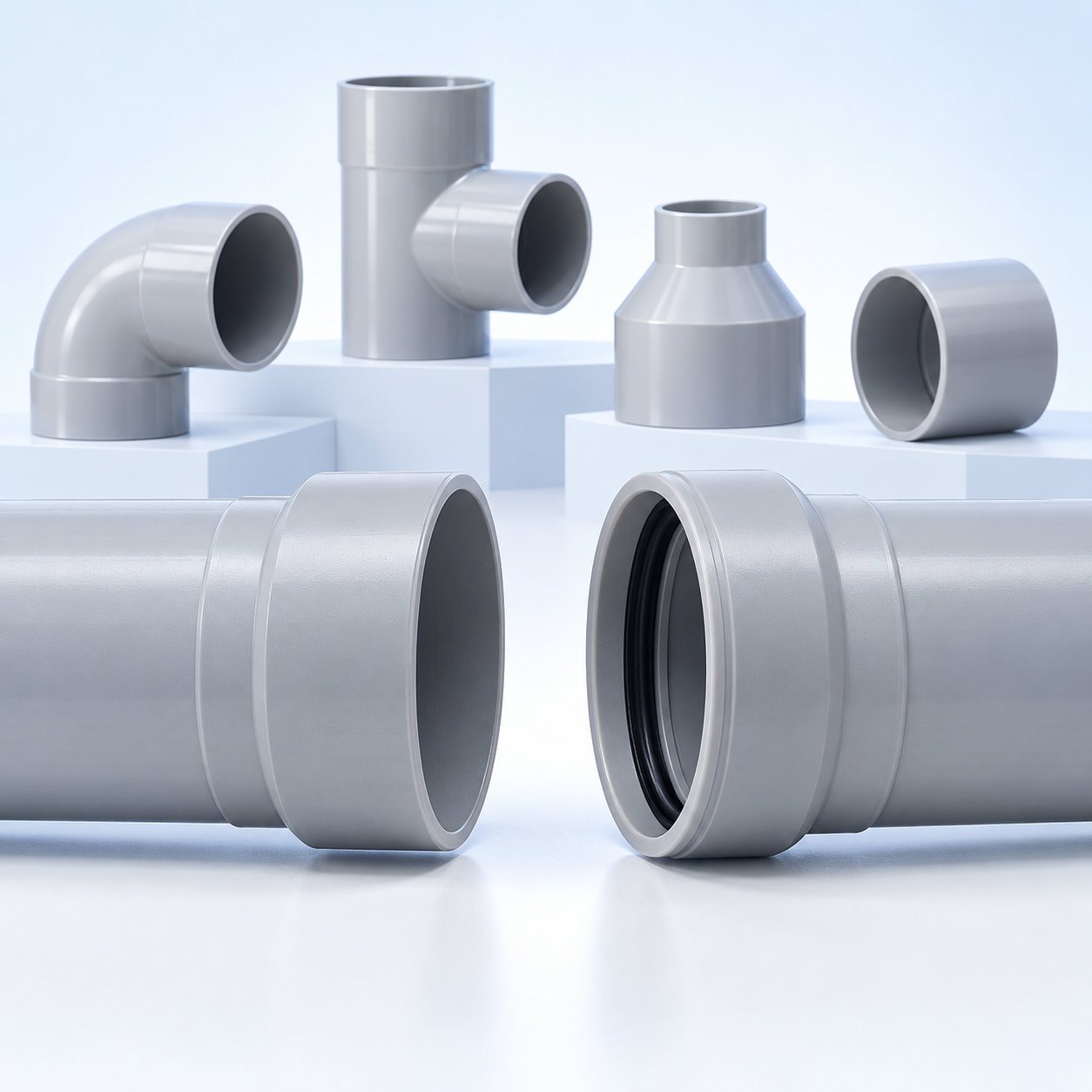 Grey PVC-U fittings — elbow, tee, reducer and coupler — above two pipe sockets: a plain solvent-cement socket on the left and a rubber-ring socket on the right